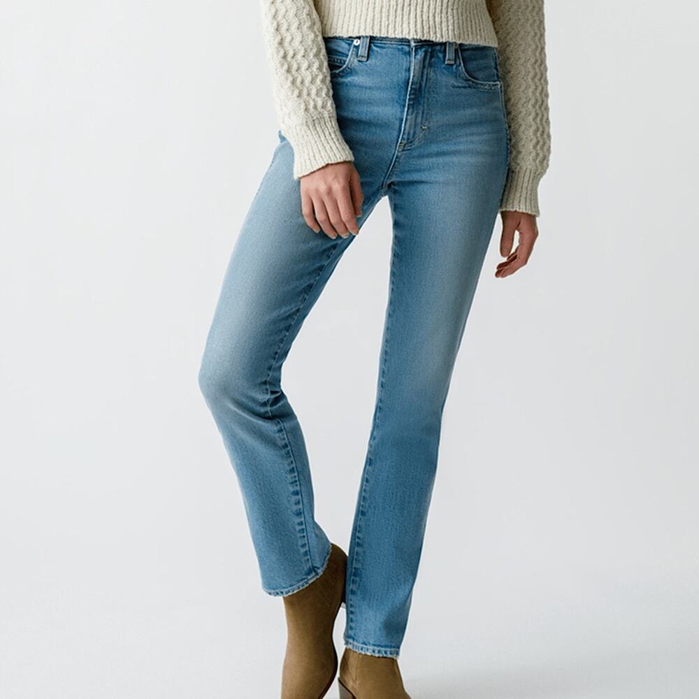 AMO Chloe Long Length Jeans Liaison High Rise Straight Leg Blue Denim Size 23